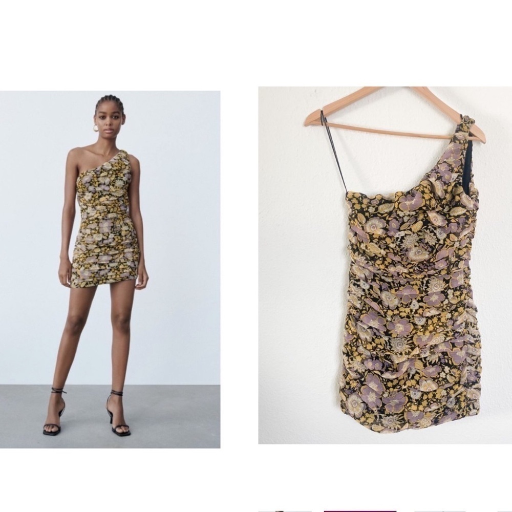 Zara Floral One Shoulder Mini Dress purple gold floral size small - Picture 2 of 12